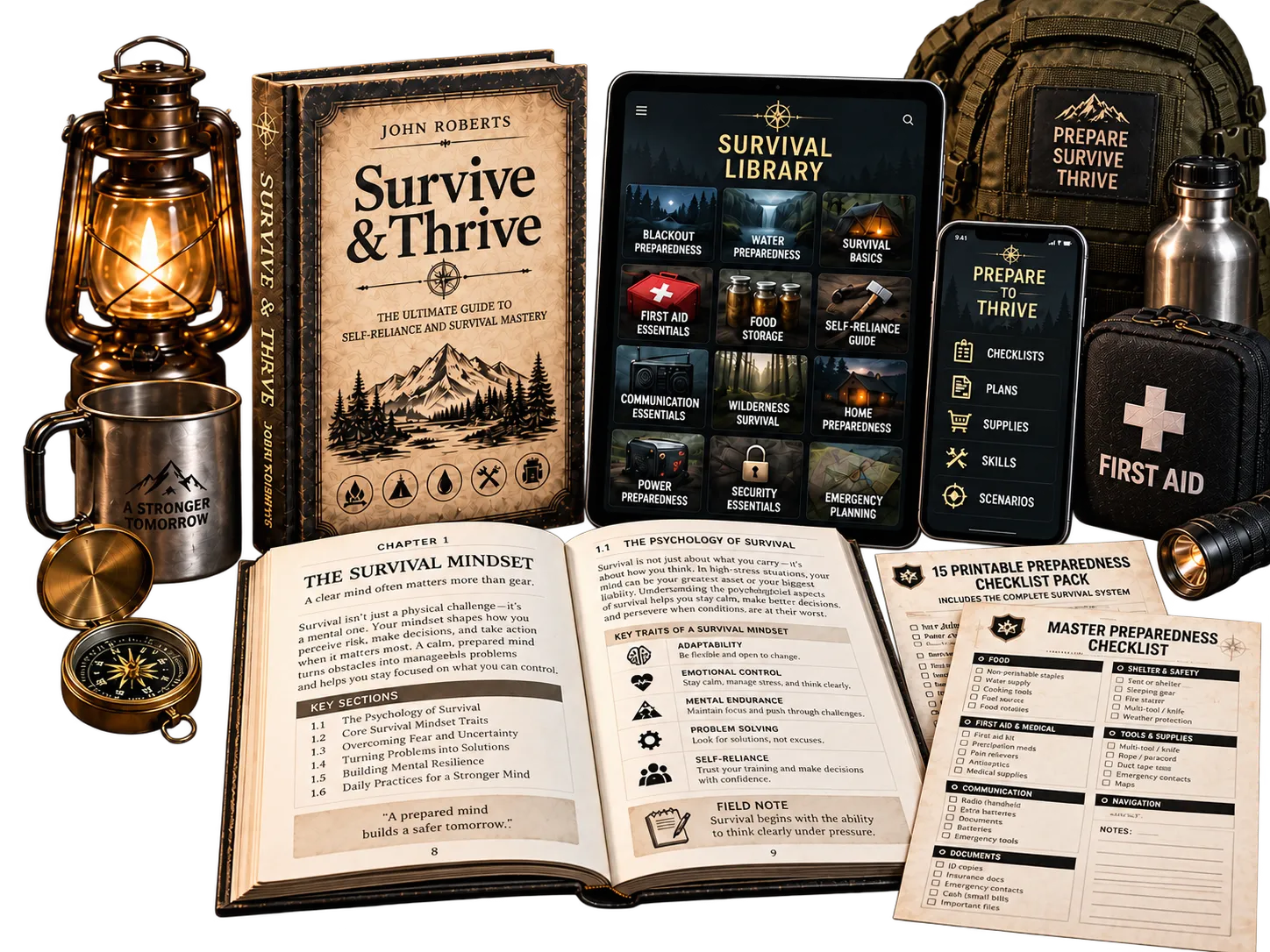 Complete Survival System with the Survive & Thrive guide, Survival Library, checklists, preparedness tools, and offline reference material
