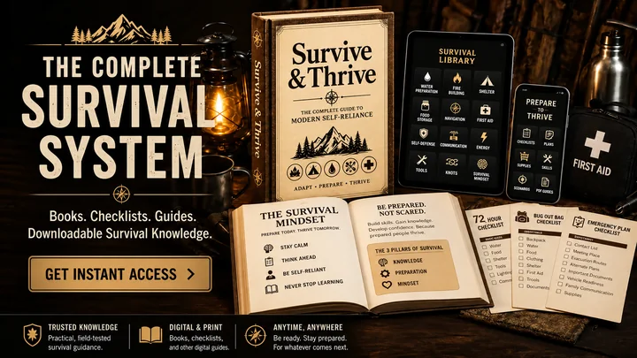 The Complete Survival System with preparedness book, Survival Library, and checklists