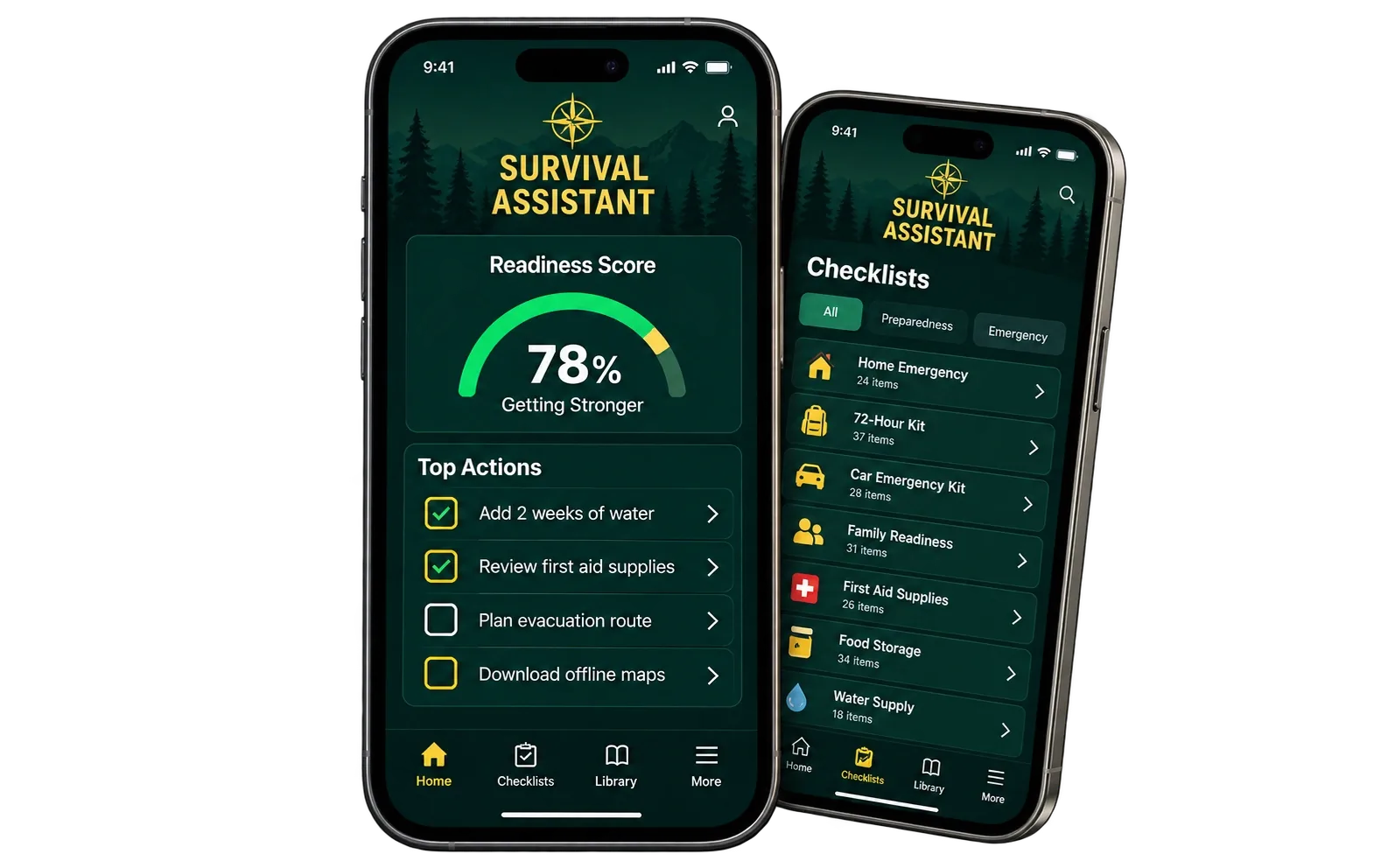 Survival Assistant mobile app showing the household readiness dashboard and preparedness checklists