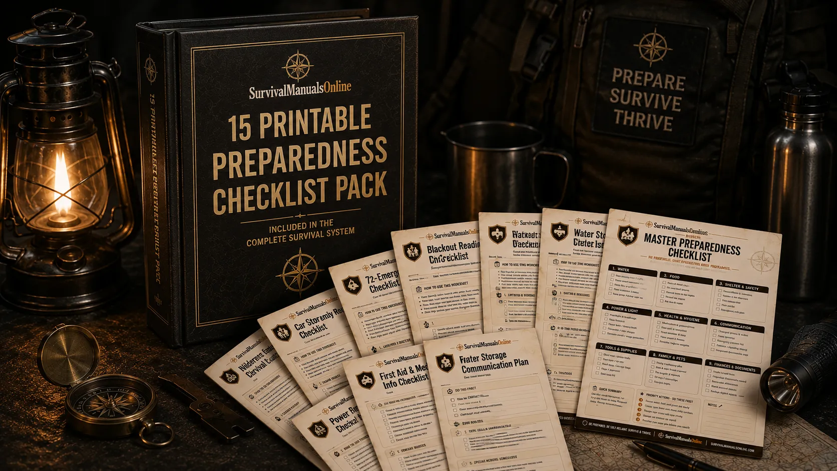 Printable preparedness checklists fanned out for household planning