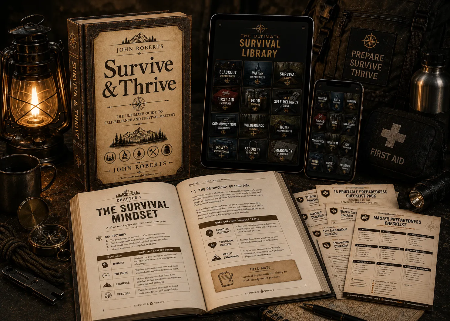 The Complete Survival System bundle including Survive & Thrive, The Ultimate Survival Library, and the printable checklist pack