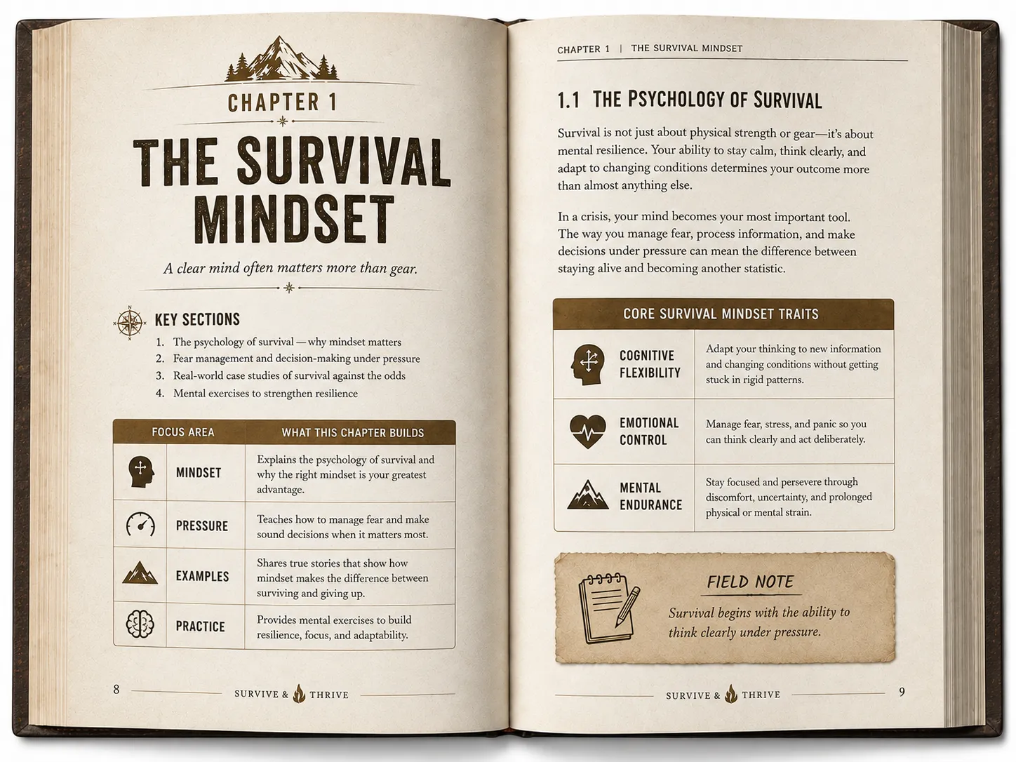 Two-page interior spread preview for Chapter 01, The Survival Mindset, from the Survive & Thrive book.