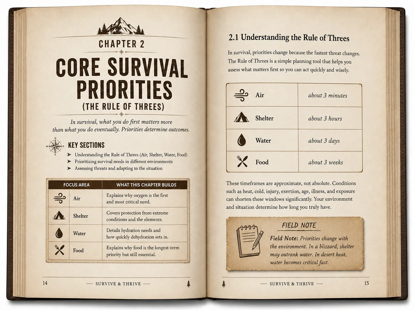 Two-page interior spread preview for Chapter 02, Core Survival Priorities, from the Survive & Thrive book.