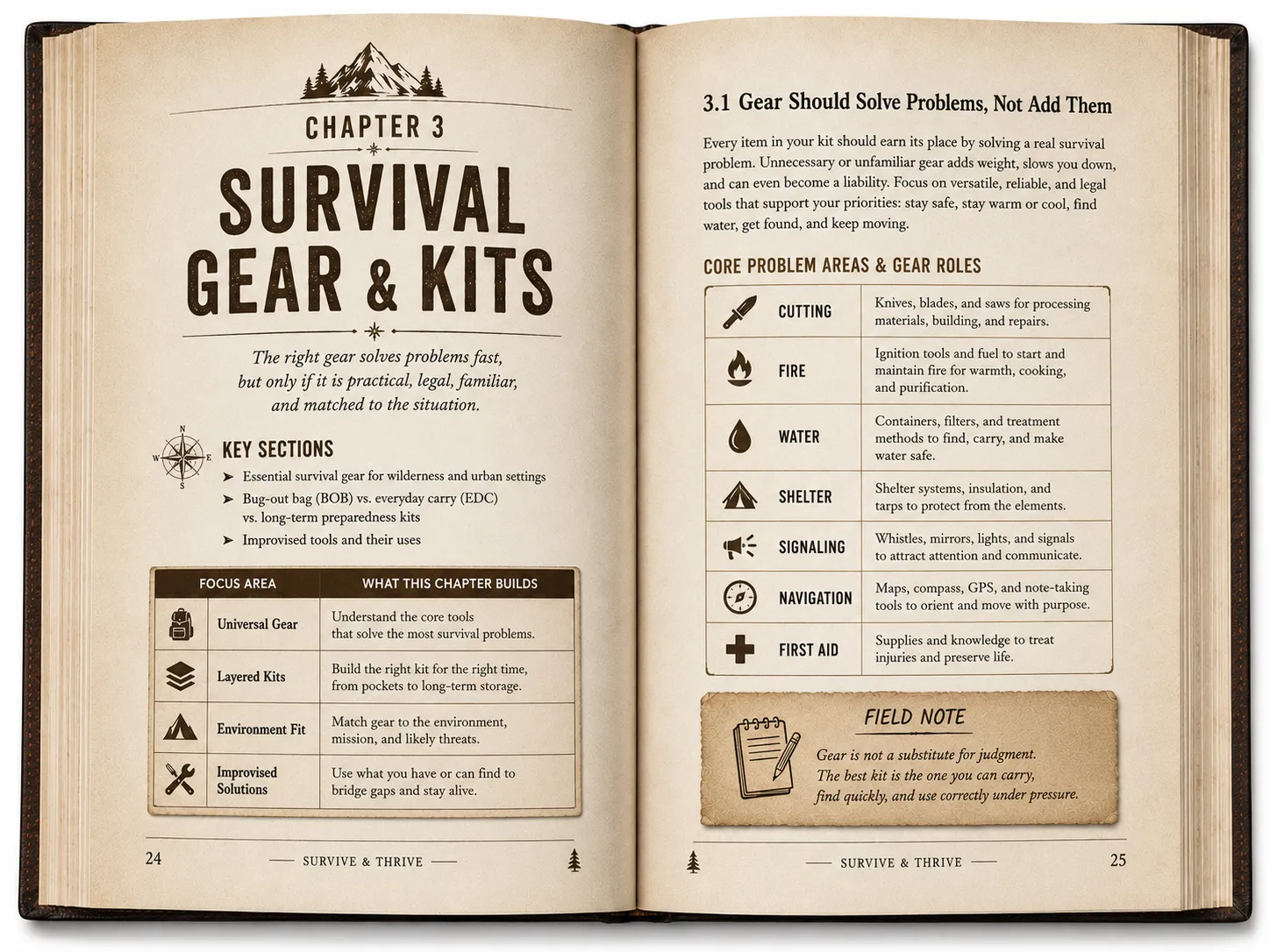 Two-page interior spread preview for Chapter 03, Survival Gear & Kits, from the Survive & Thrive book.