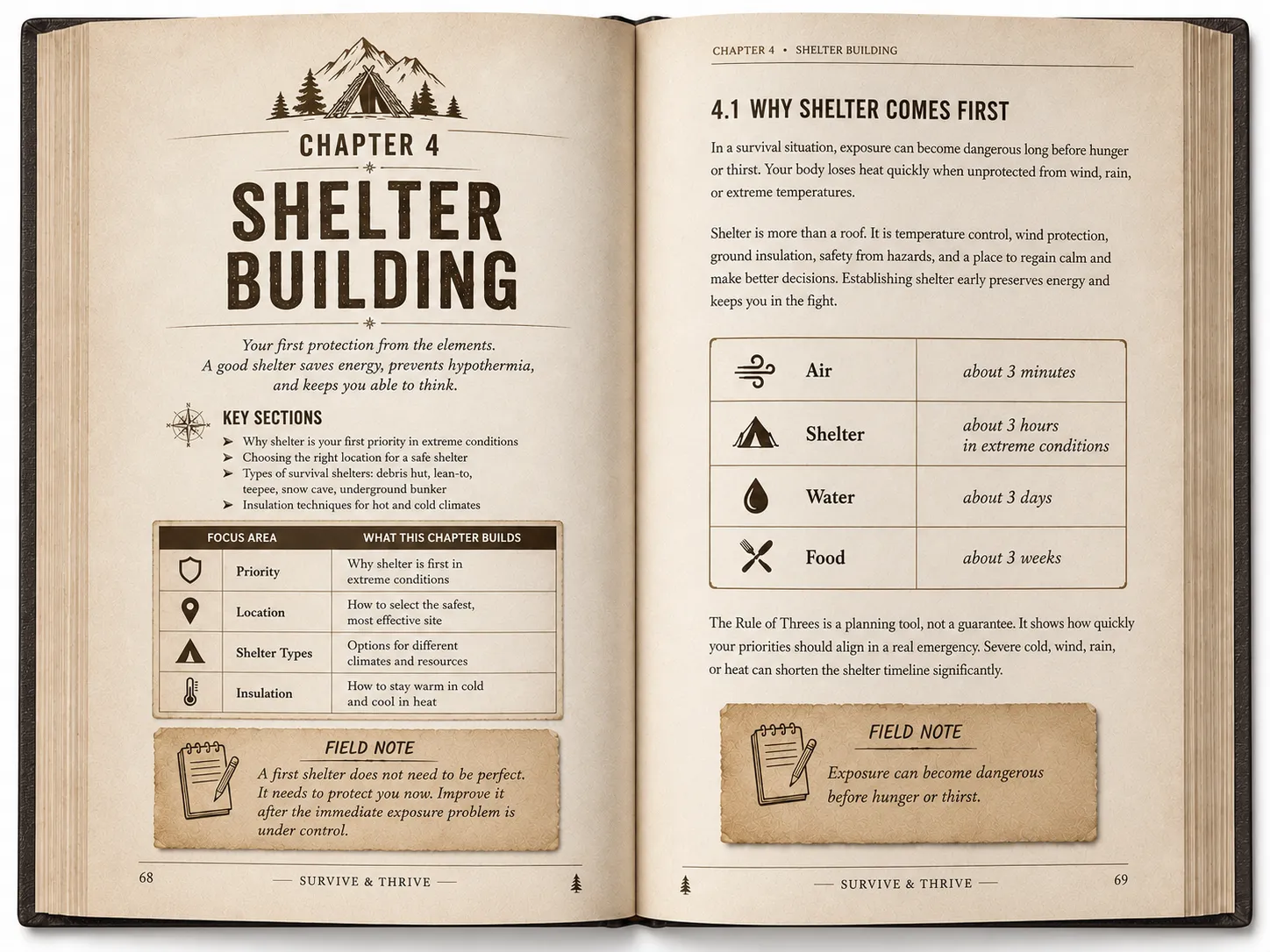 Two-page interior spread preview for Chapter 04, Shelter Building, from the Survive & Thrive book.