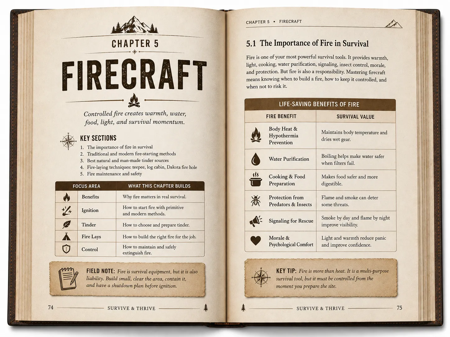 Two-page interior spread preview for Chapter 05, Firecraft, from the Survive & Thrive book.