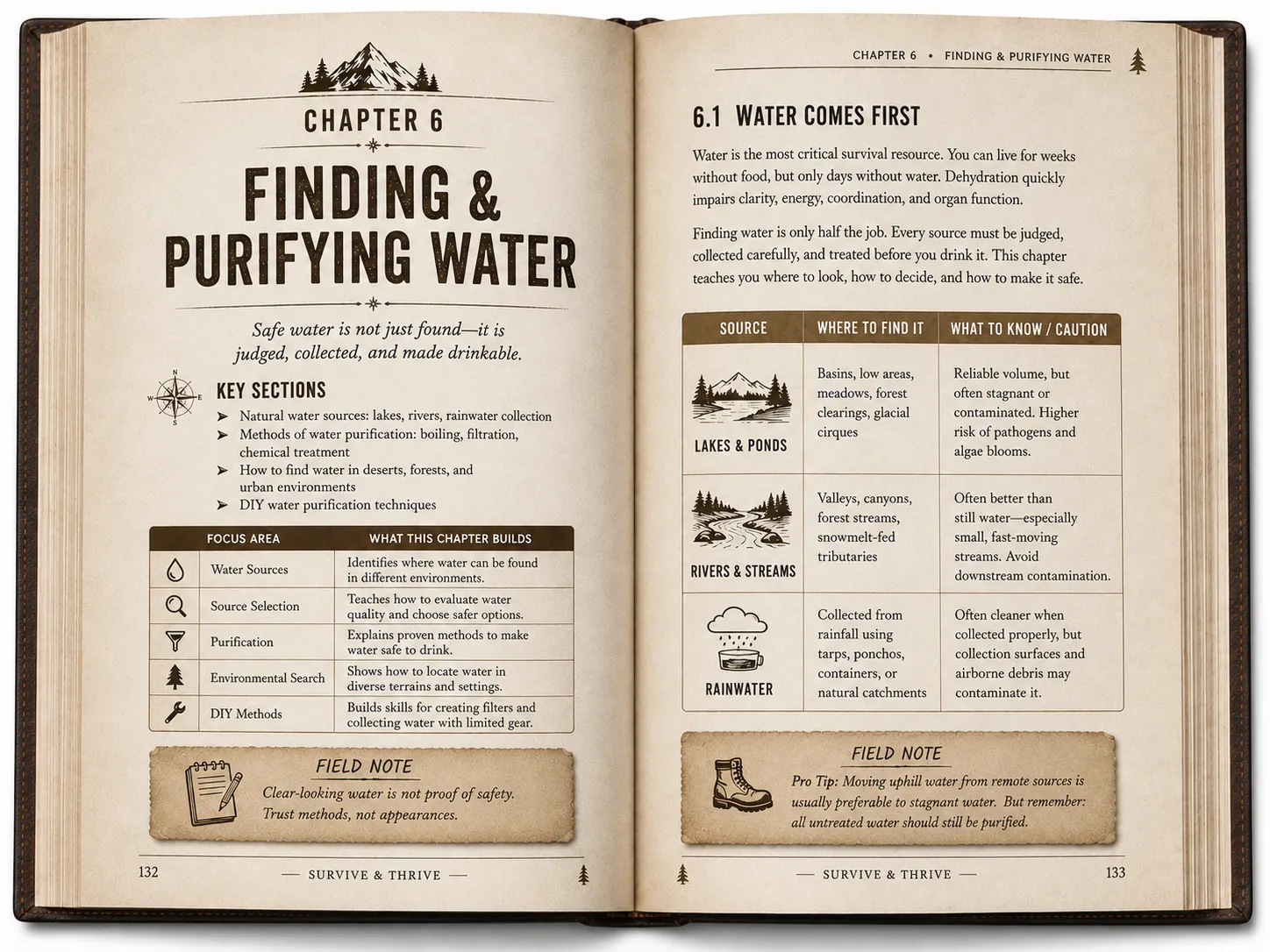 Two-page interior spread preview for Chapter 06, Finding & Purifying Water, from the Survive & Thrive book.