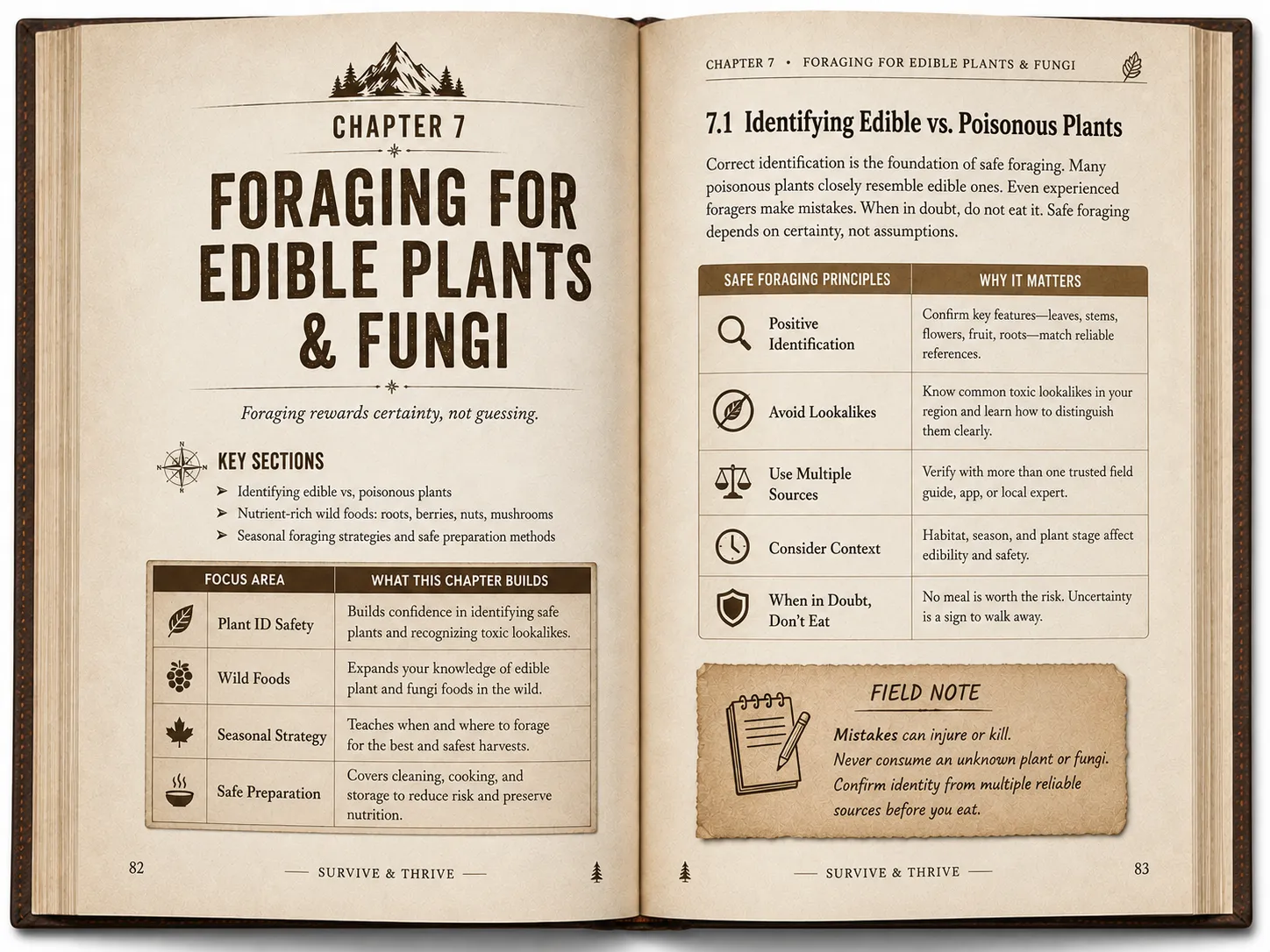 Two-page interior spread preview for Chapter 07, Foraging for Edible Plants & Fungi, from the Survive & Thrive book.