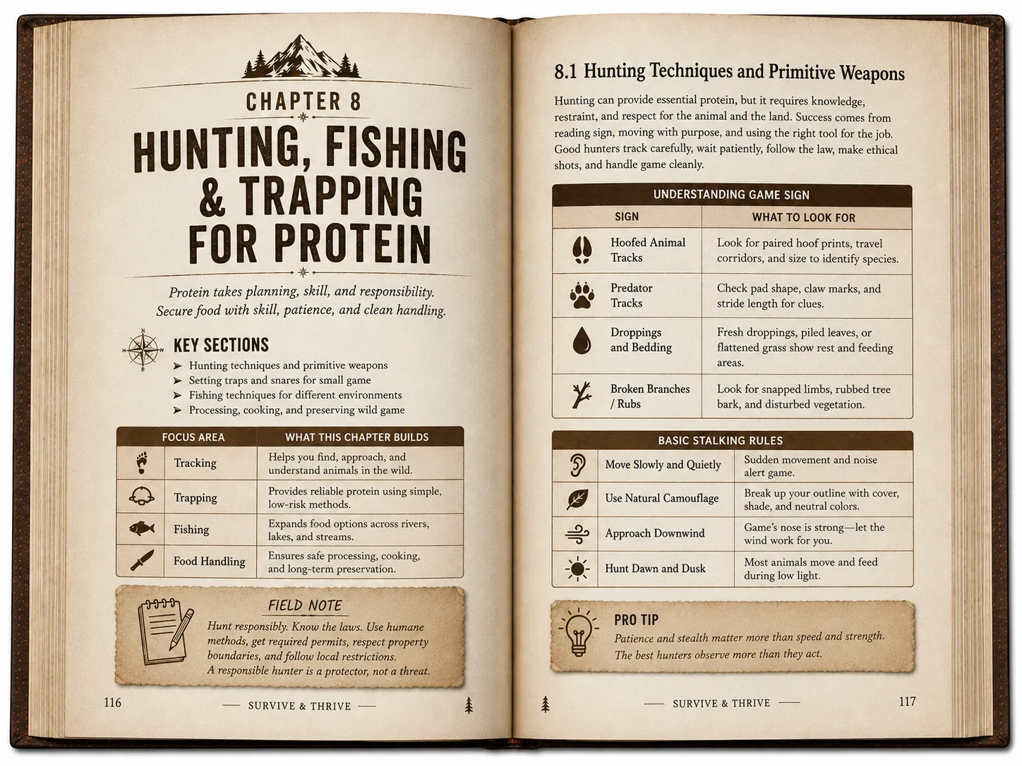 Two-page interior spread preview for Chapter 08, Hunting, Fishing & Trapping for Protein, from the Survive & Thrive book.