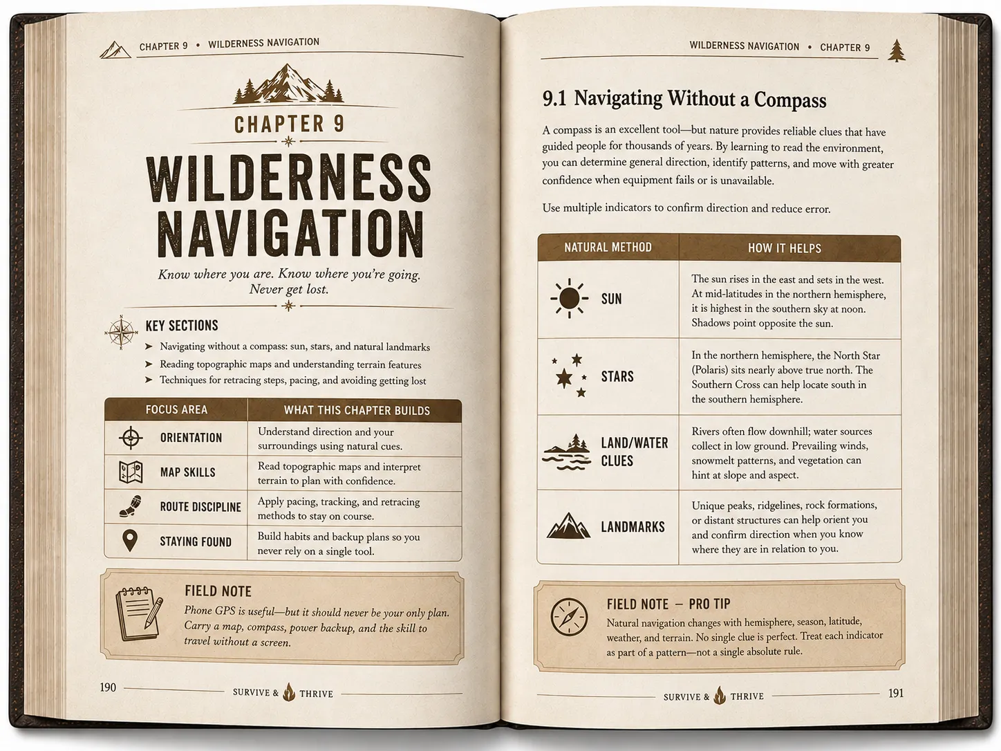 Two-page interior spread preview for Chapter 09, Wilderness Navigation, from the Survive & Thrive book.