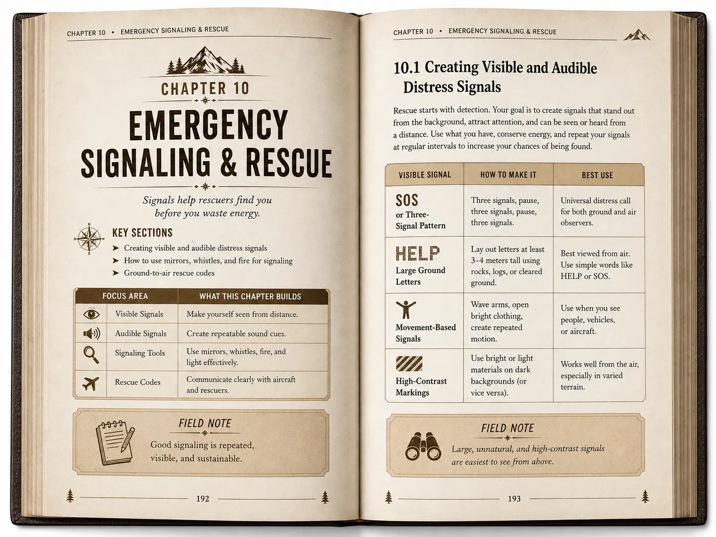 Two-page interior spread preview for Chapter 10, Emergency Signaling & Rescue, from the Survive & Thrive book.