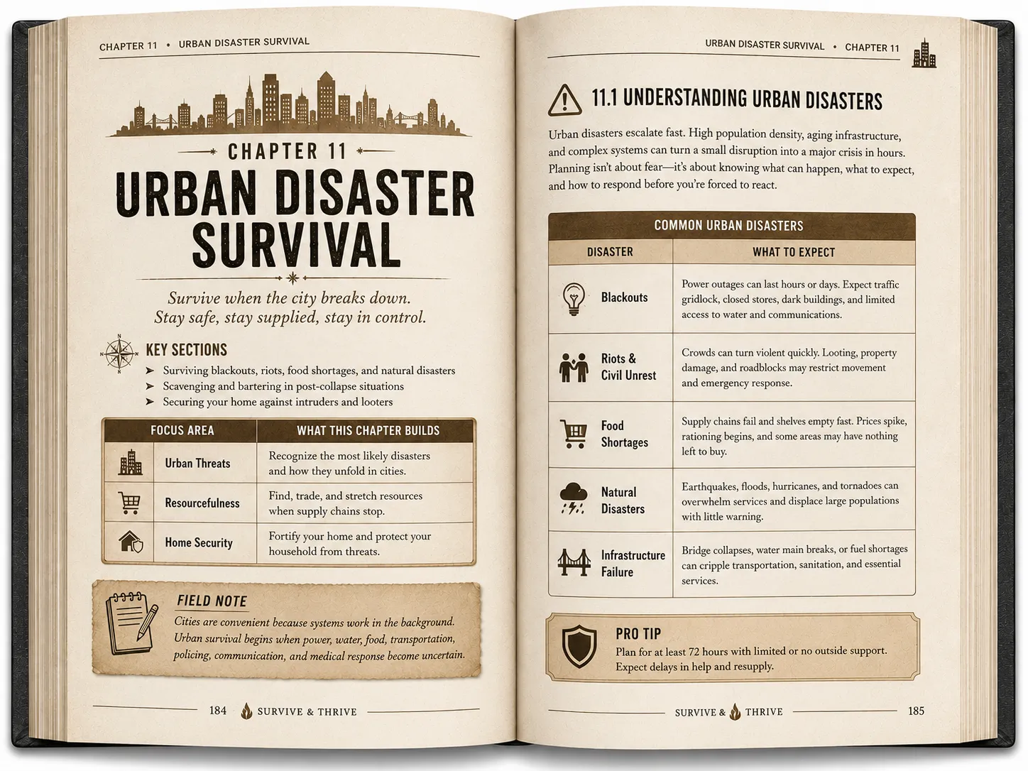Two-page interior spread preview for Chapter 11, Urban Disaster Survival, from the Survive & Thrive book.