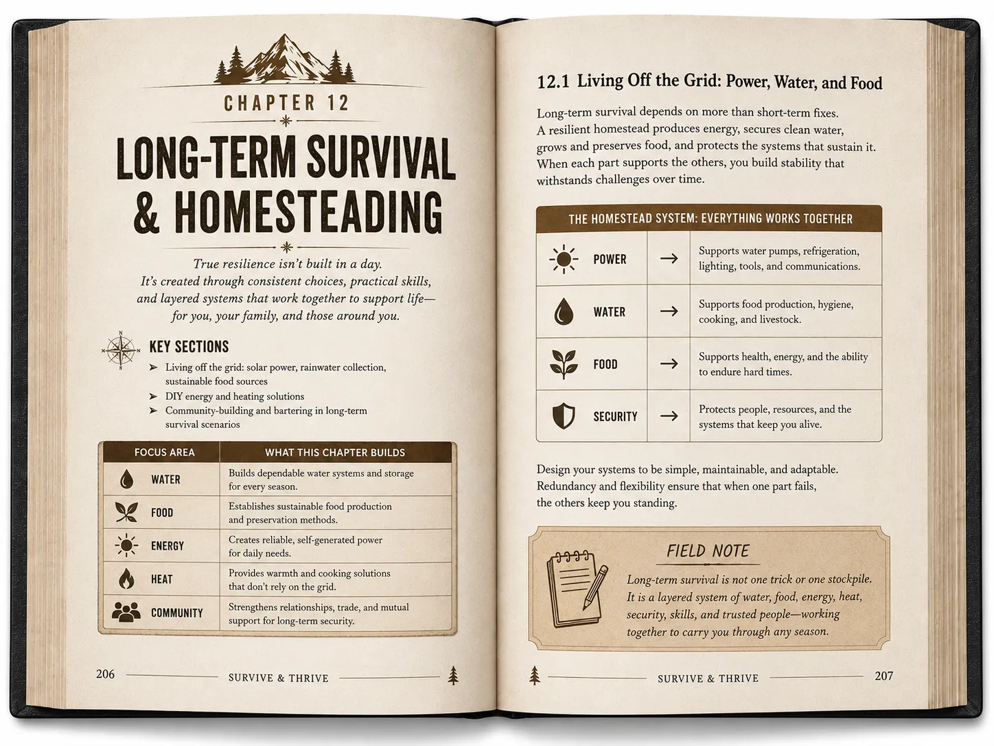 Two-page interior spread preview for Chapter 12, Long-Term Survival & Homesteading, from the Survive & Thrive book.