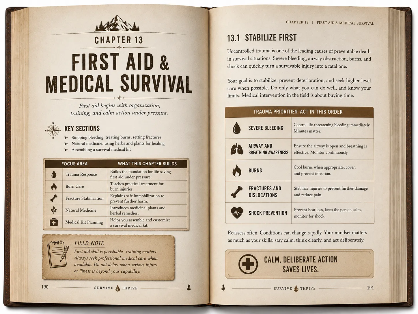 Two-page interior spread preview for Chapter 13, First Aid & Medical Survival, from the Survive & Thrive book.