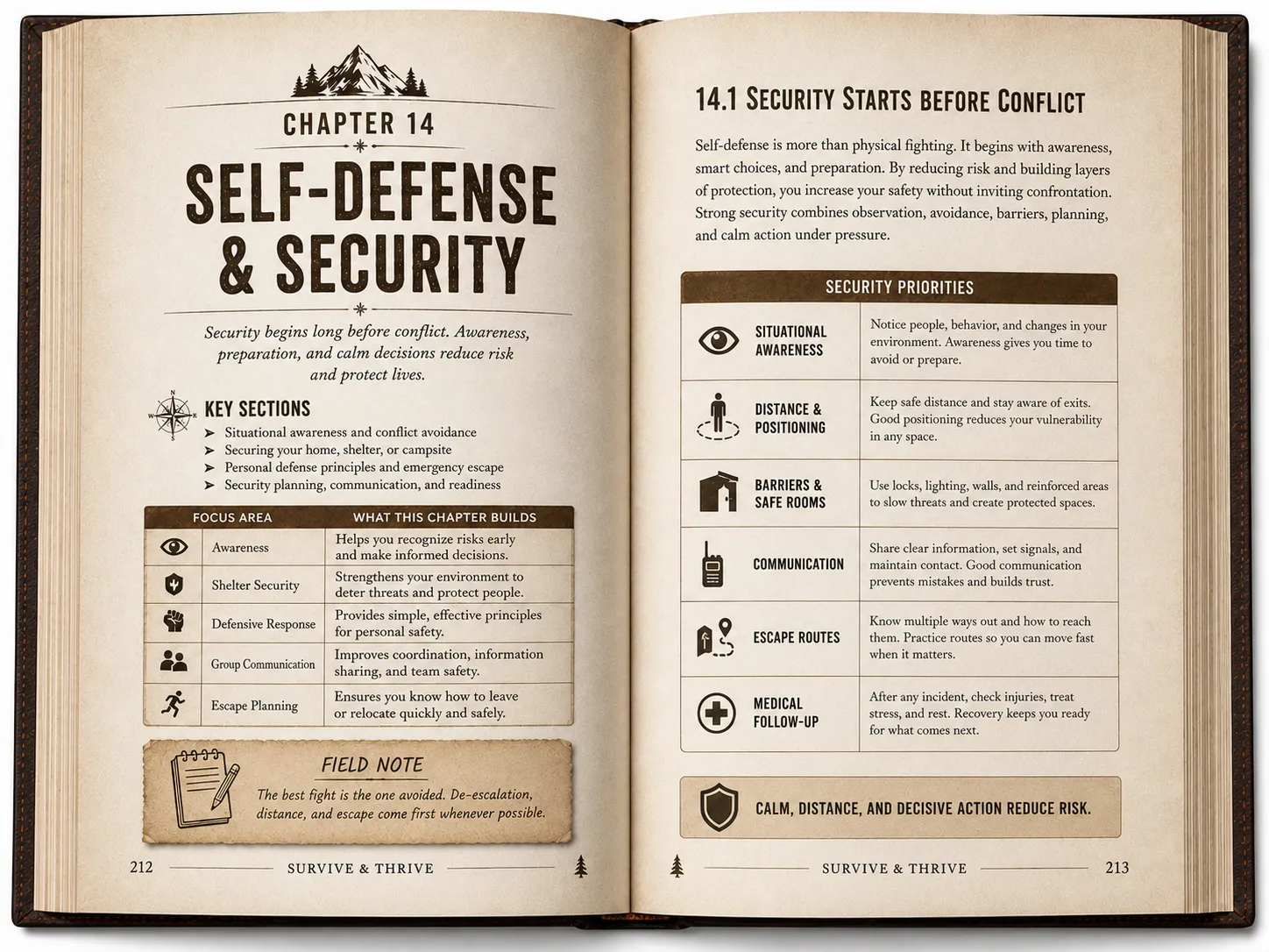 Two-page interior spread preview for Chapter 14, Self-Defense & Security, from the Survive & Thrive book.