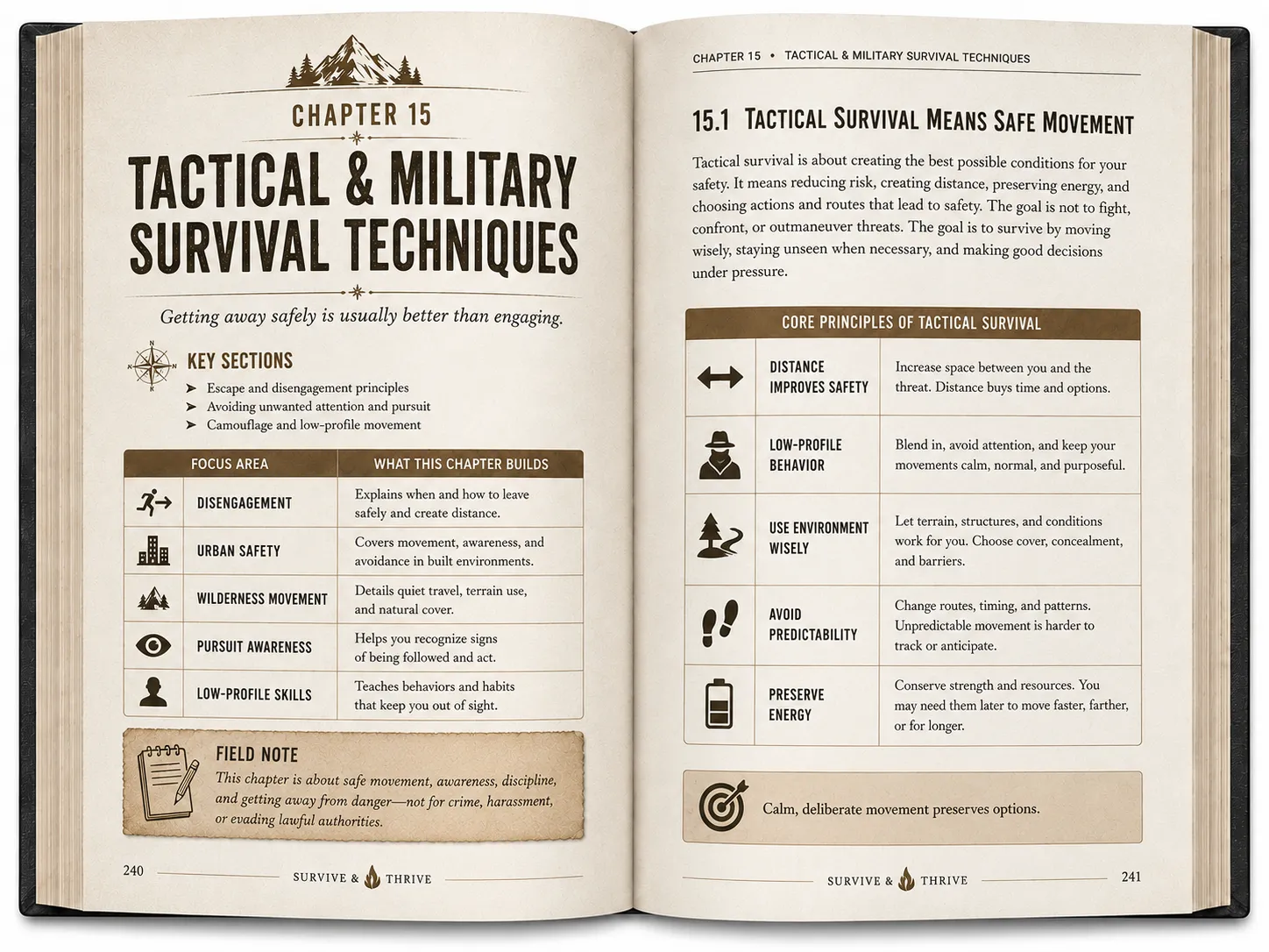 Two-page interior spread preview for Chapter 15, Tactical & Military Survival Techniques, from the Survive & Thrive book.