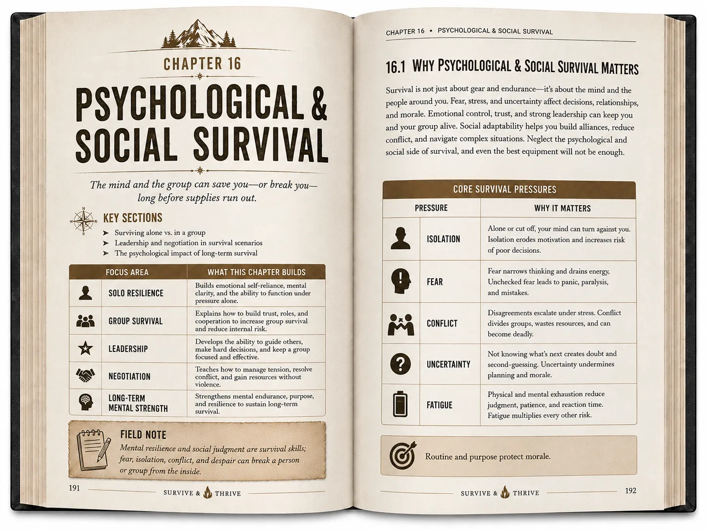 Two-page interior spread preview for Chapter 16, Psychological & Social Survival, from the Survive & Thrive book.