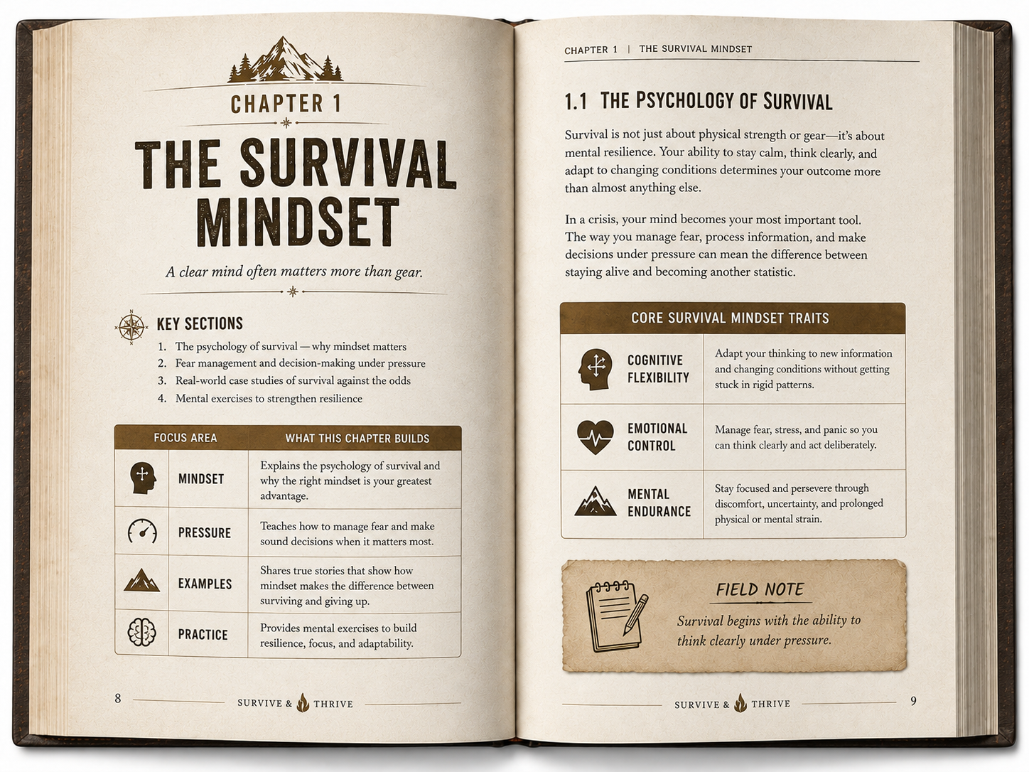 Two-page book spread preview for Chapter 1 of Survive & Thrive: The Survival Mindset
