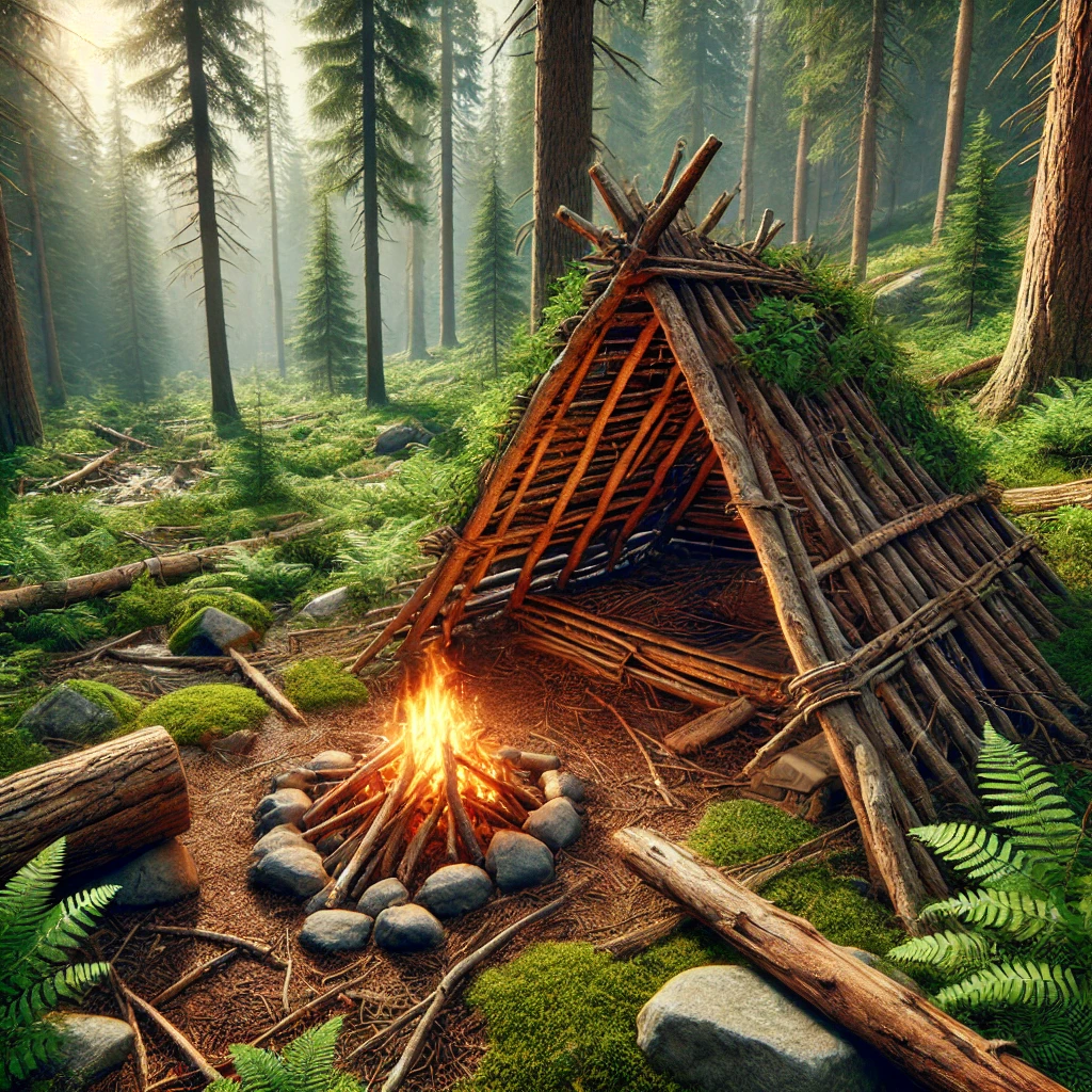 how to build a survival shelter using natural materials like branches and leaves for protection in wilderness survival scenario
