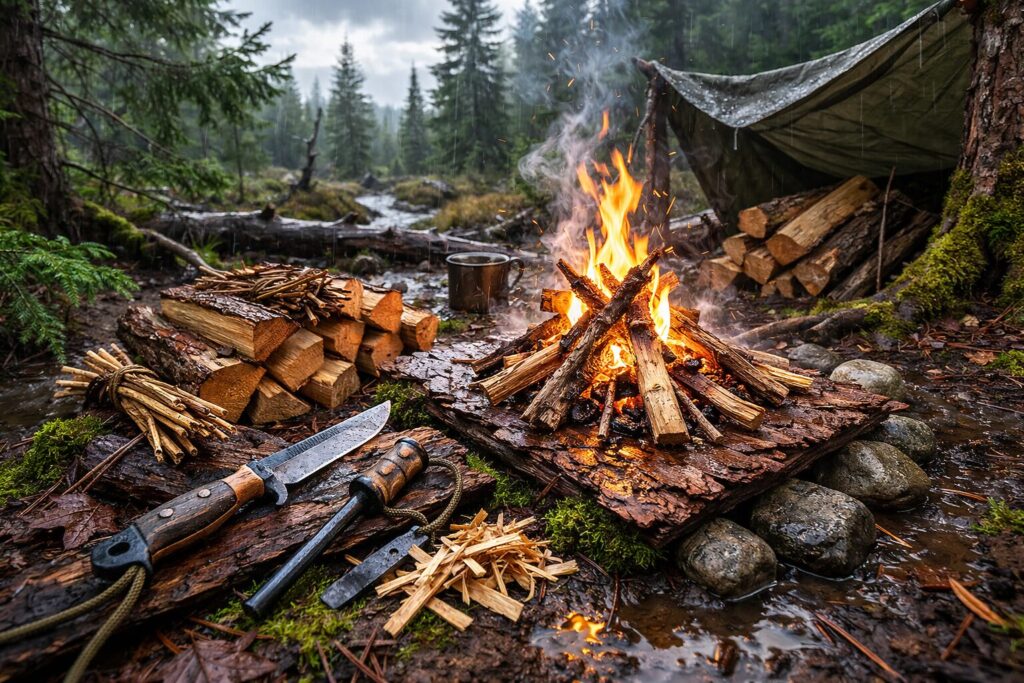 build a survival fire in wet conditions using dry tinder kindling and fire starting techniques in rainy environment
