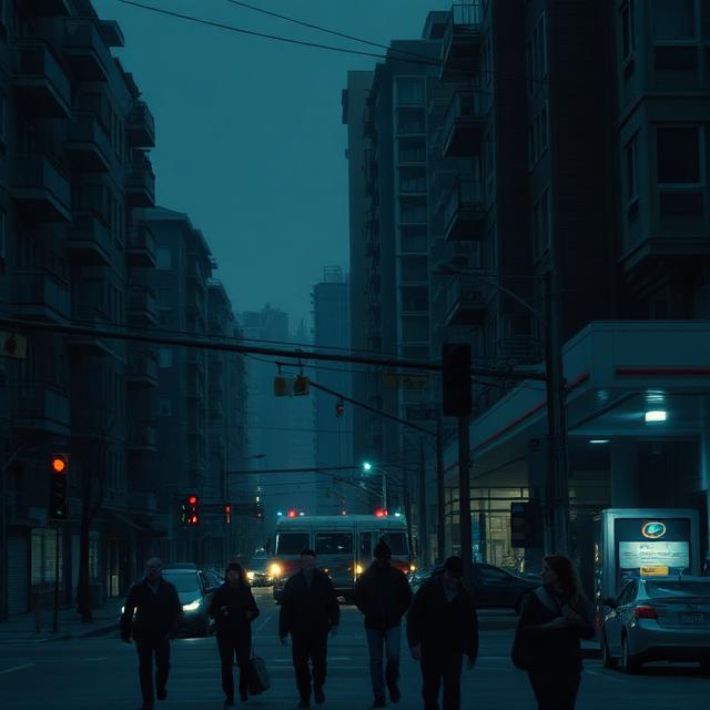 A city block sits in partial blackout as residents move carefully past dark buildings and dead traffic lights.