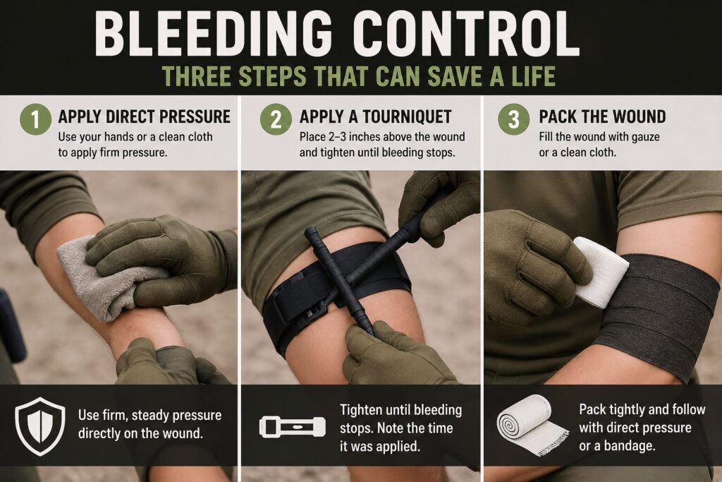 bleeding control using direct pressure tourniquet and wound packing techniques in an emergency first aid scenario