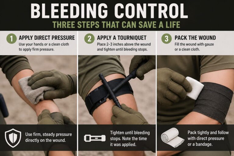bleeding control using direct pressure tourniquet and wound packing techniques in an emergency first aid scenario
