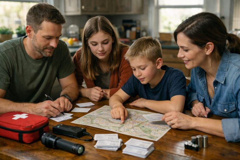 A family sits together at a table reviewing a printed emergency plan with basic preparedness supplies nearby.