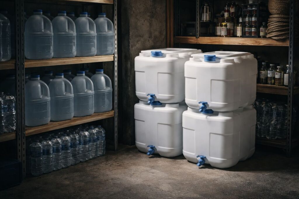 household water storage with large containers, safe storage setup, and emergency water supply for when the tap stops working