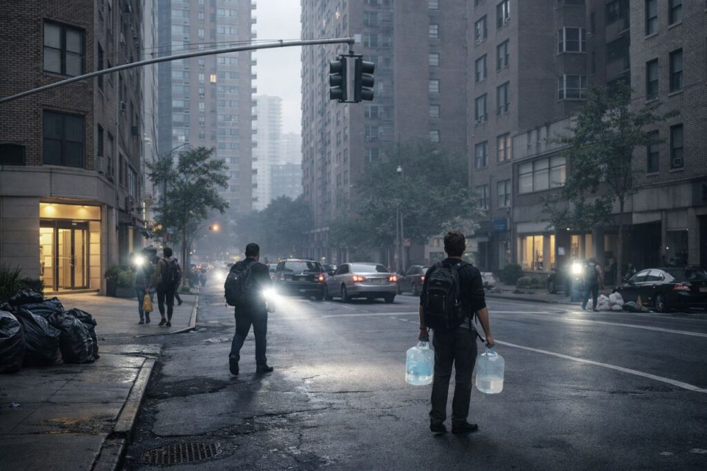citywide blackout survival with urban apartment emergency setup including lighting water food and backup power during outage