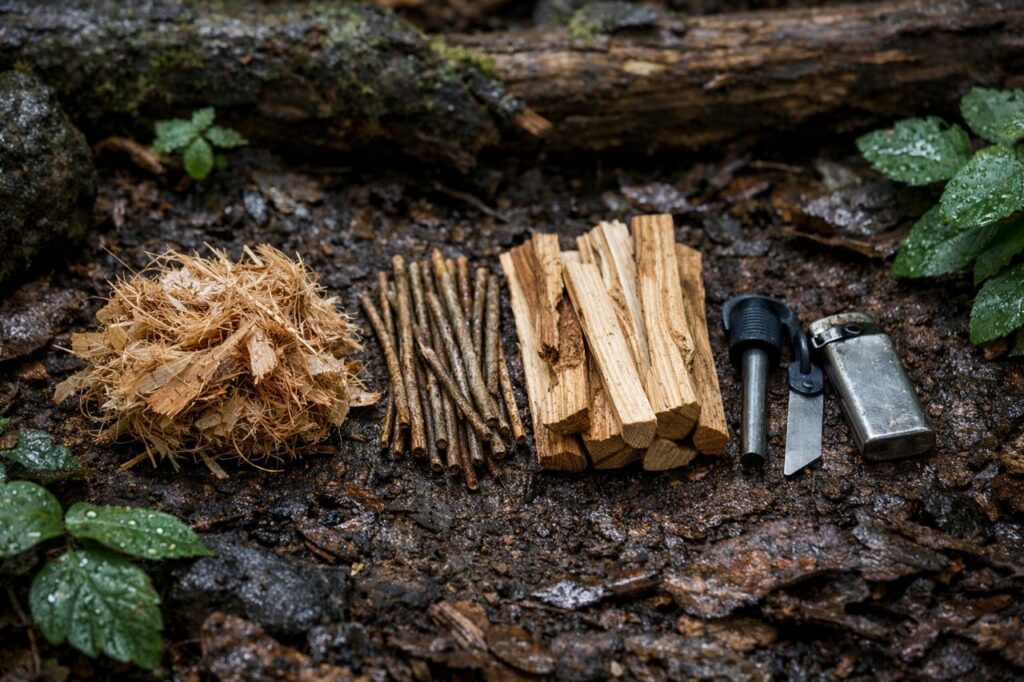 fire starting basics with tinder kindling and ignition tools demonstrating how to build a survival fire outdoors
