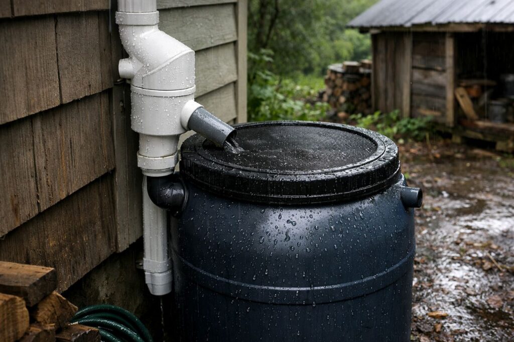 rainwater collection system with barrels gutters and filtration setup producing usable water for emergency supply