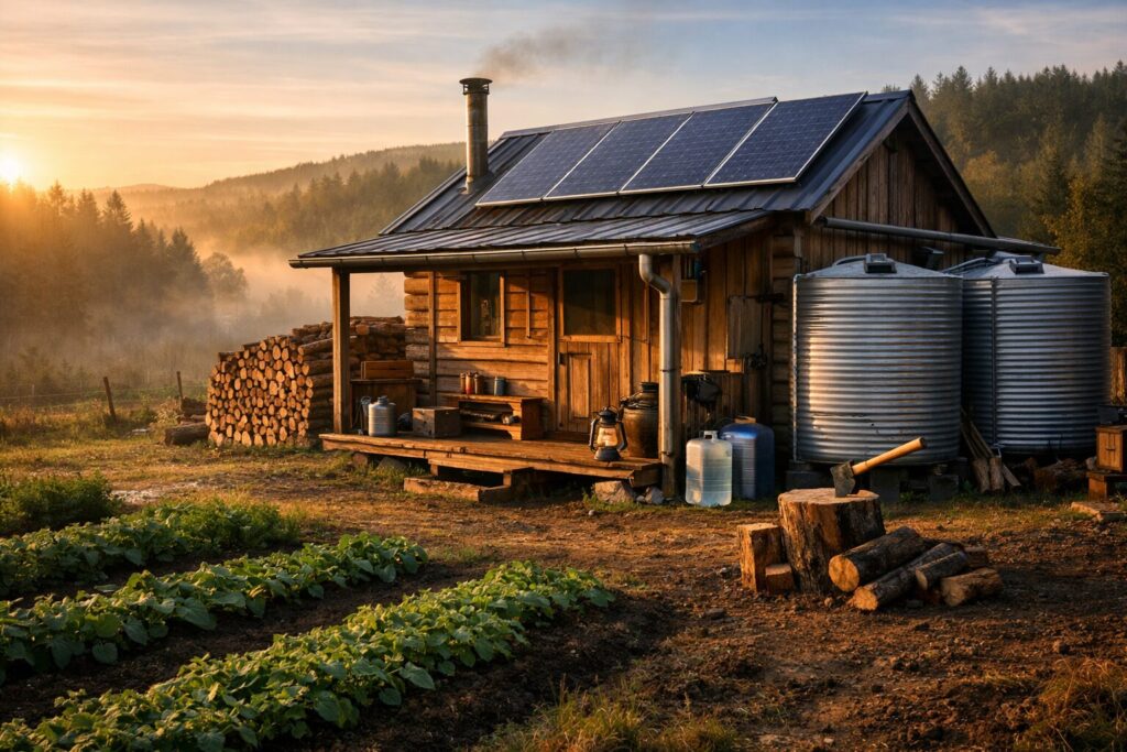 off grid living for beginners with small cabin solar panels water collection and self sufficient survival setup