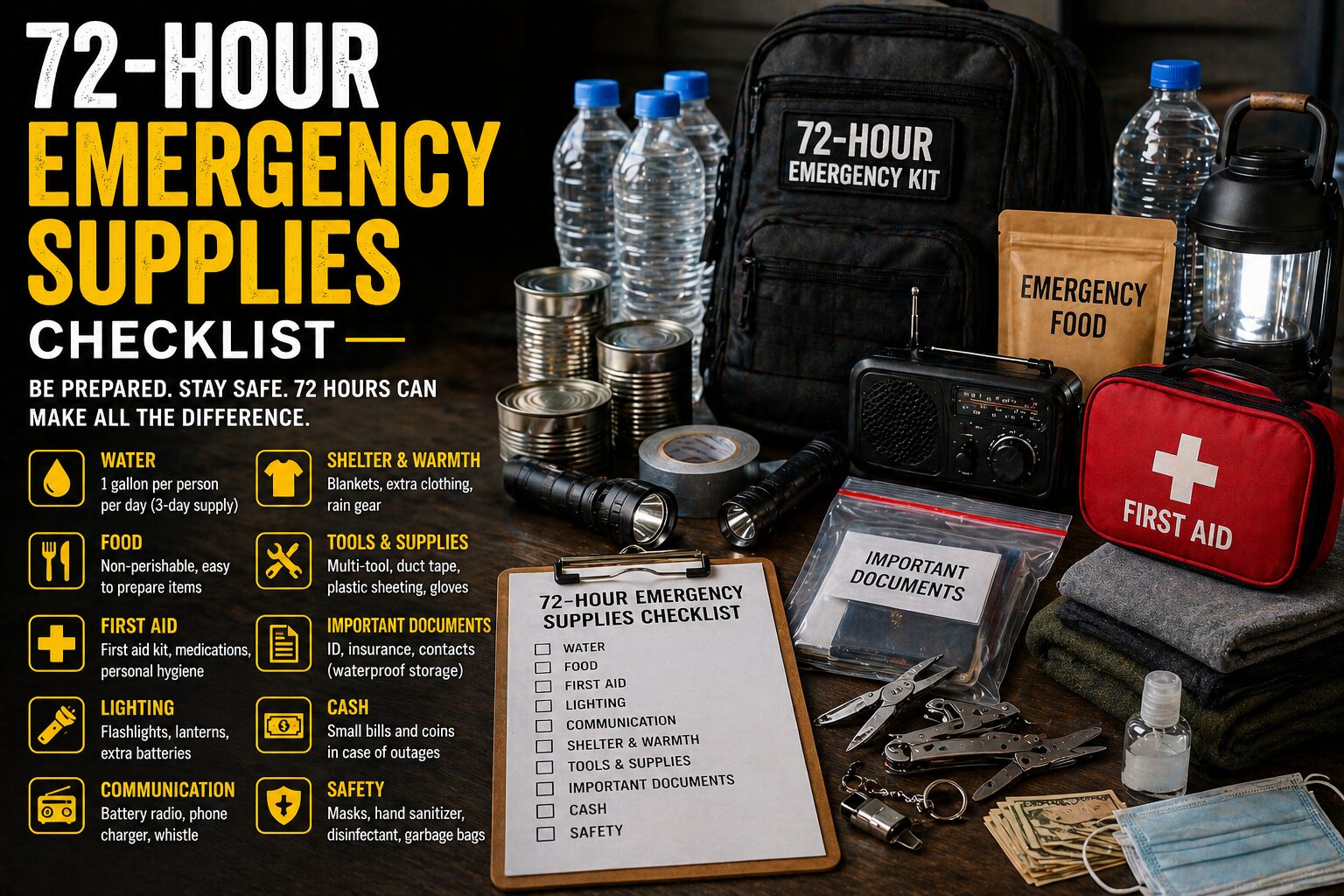72-hour emergency supplies checklist kit with food water first aid flashlight and survival gear for three day preparedness