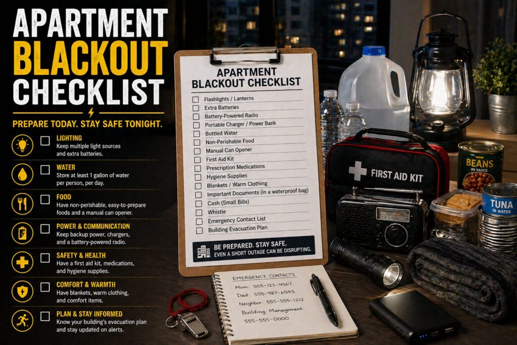 apartment blackout checklist with emergency supplies including lanterns water storage food and backup power for urban outages