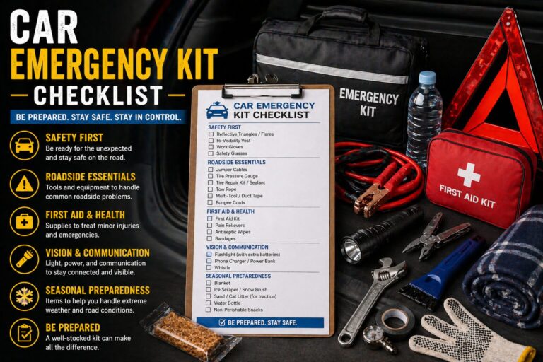 car emergency kit checklist with vehicle safety supplies including jumper cables flashlight first aid kit and roadside tools