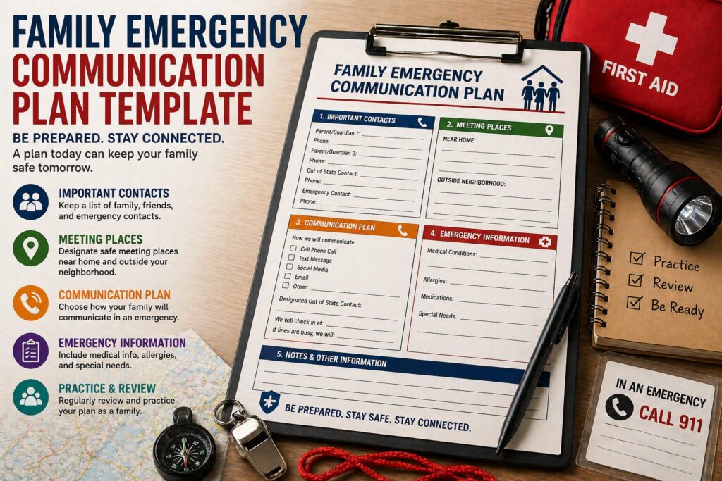 family emergency communication plan template with contact list, meeting points, and emergency communication strategy setup