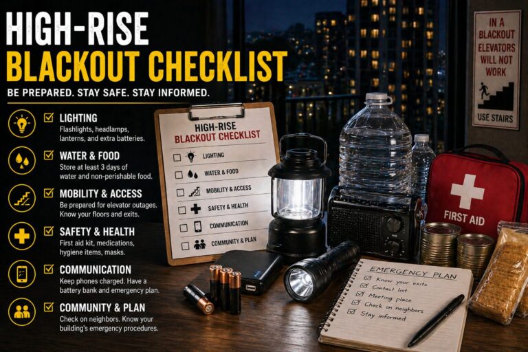 high-rise blackout checklist with emergency supplies for apartment buildings including lighting, water storage, and evacuation planning