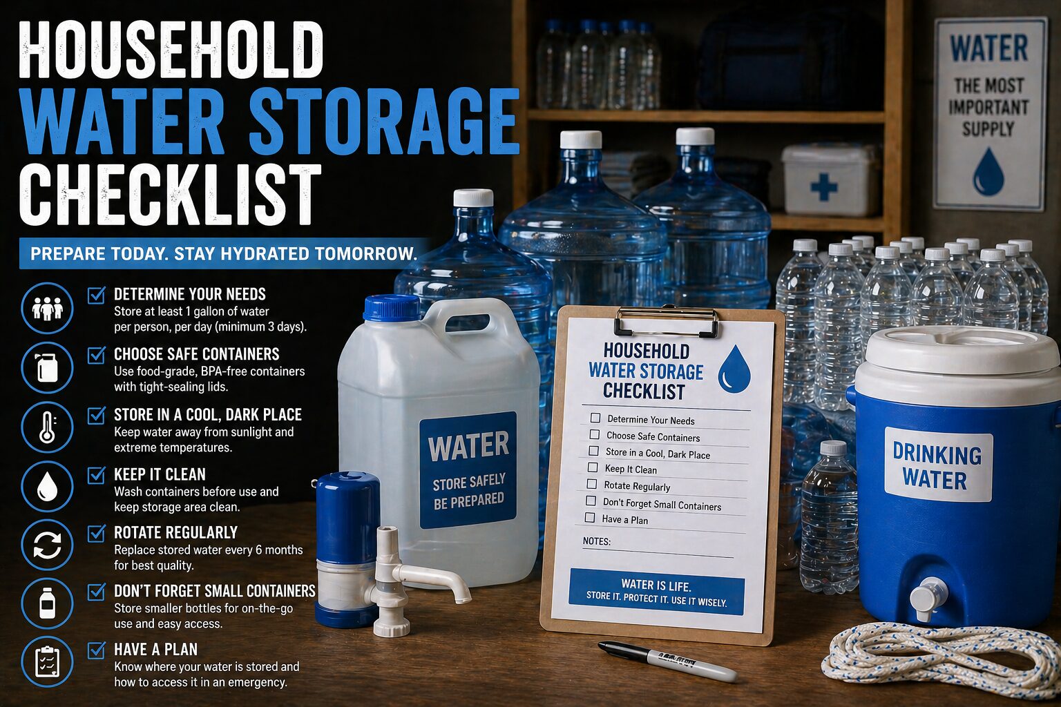 household water storage checklist with water containers, emergency supply setup, and safe storage methods for clean drinking water