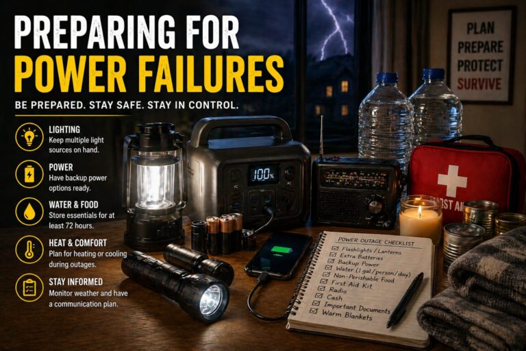 preparing for power failures emergency setup with lanterns, flashlights, backup power, and household blackout supplies