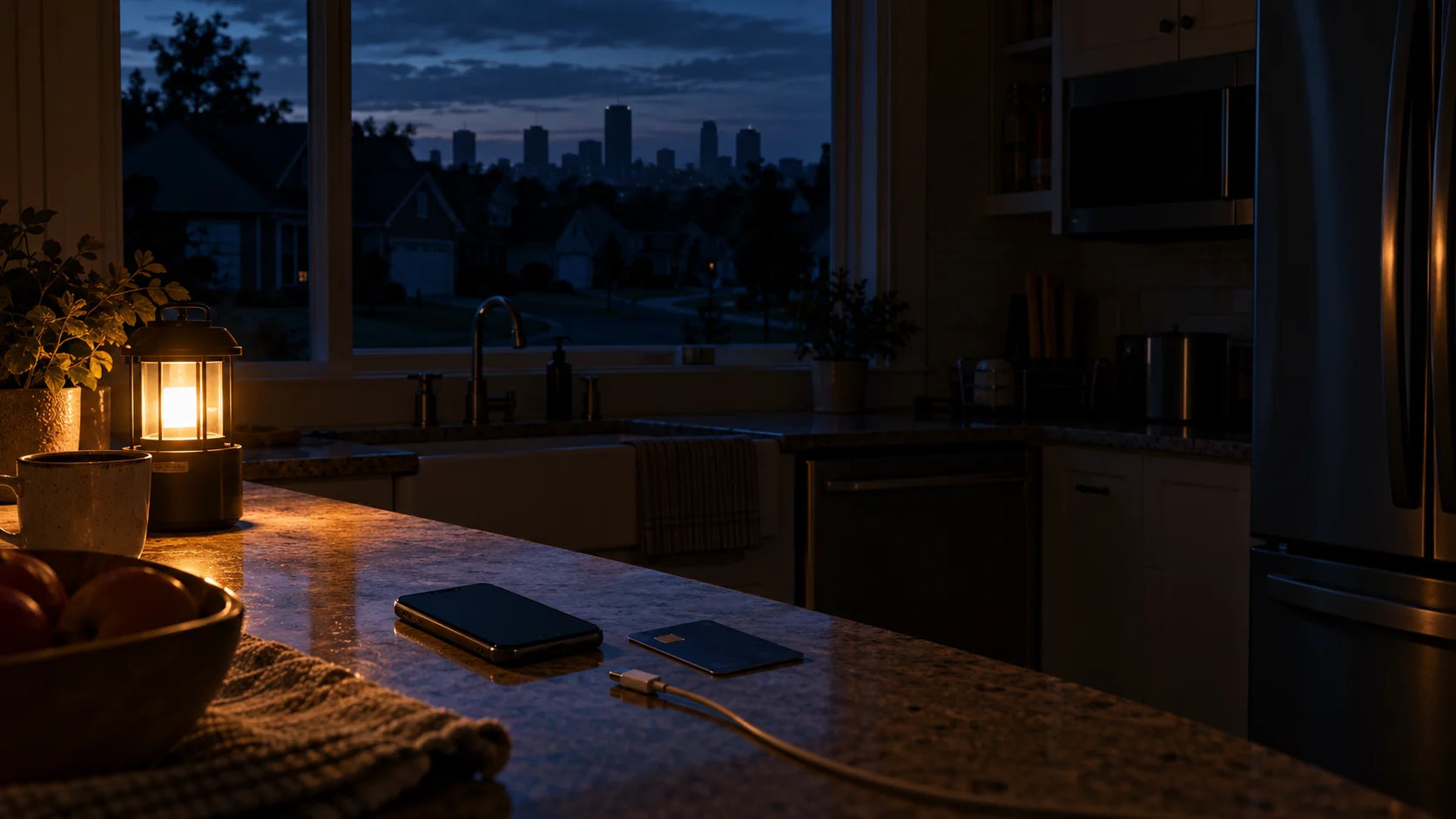 Scenario illustration of a dark kitchen during an infrastructure outage, with a phone, bank card, and battery lantern