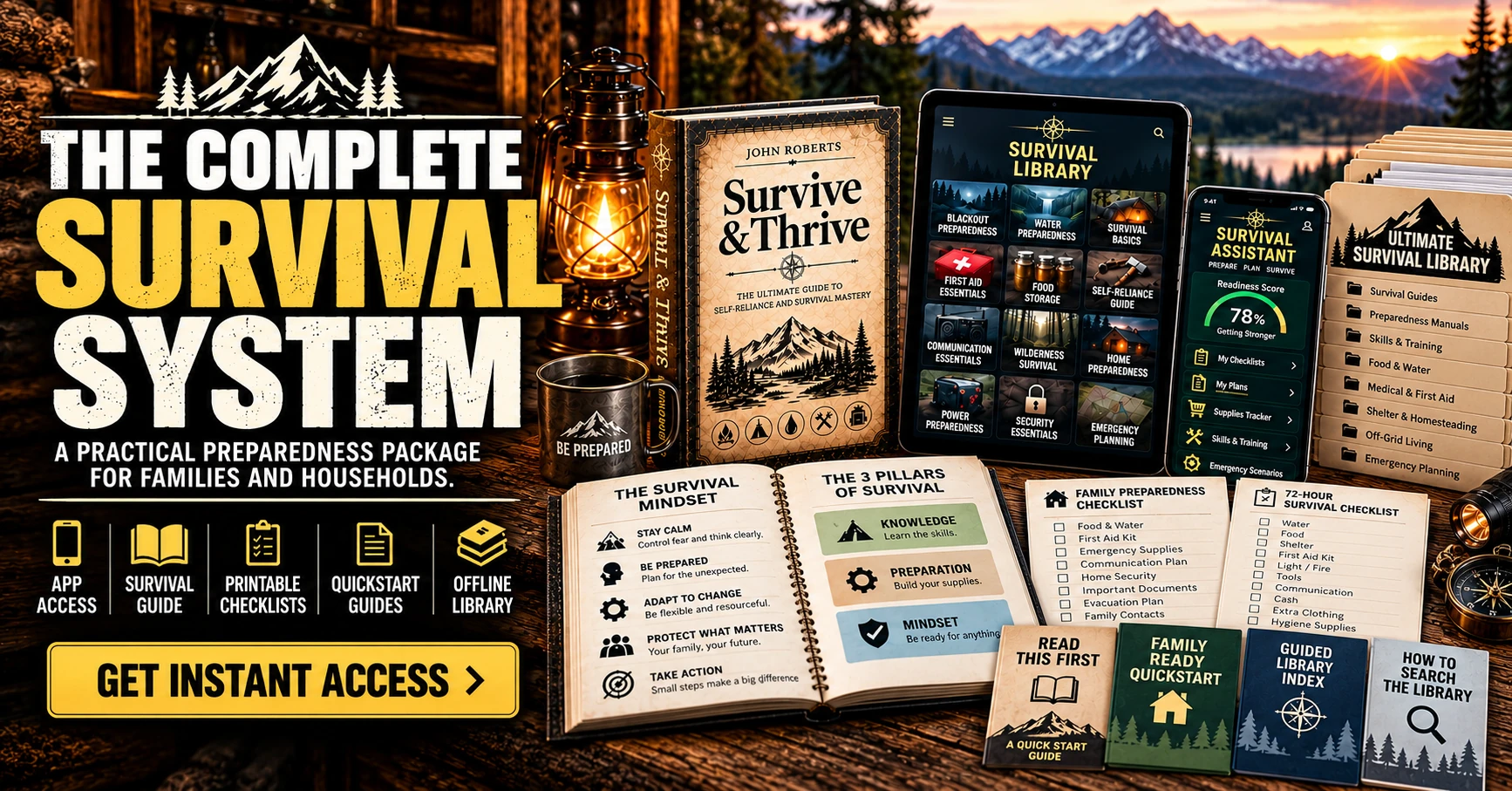 The Complete Survival System with preparedness book, Survival Library, Survival Assistant app, printable checklists, and quickstart guides