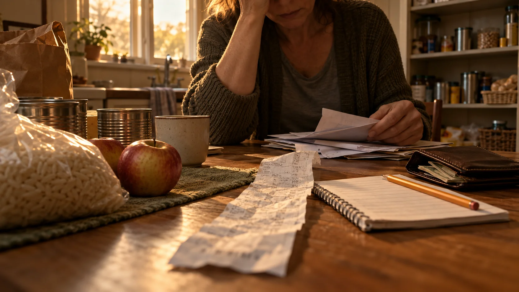 Illustration of a household sorting bills beside a small grocery purchase and a half-filled pantry