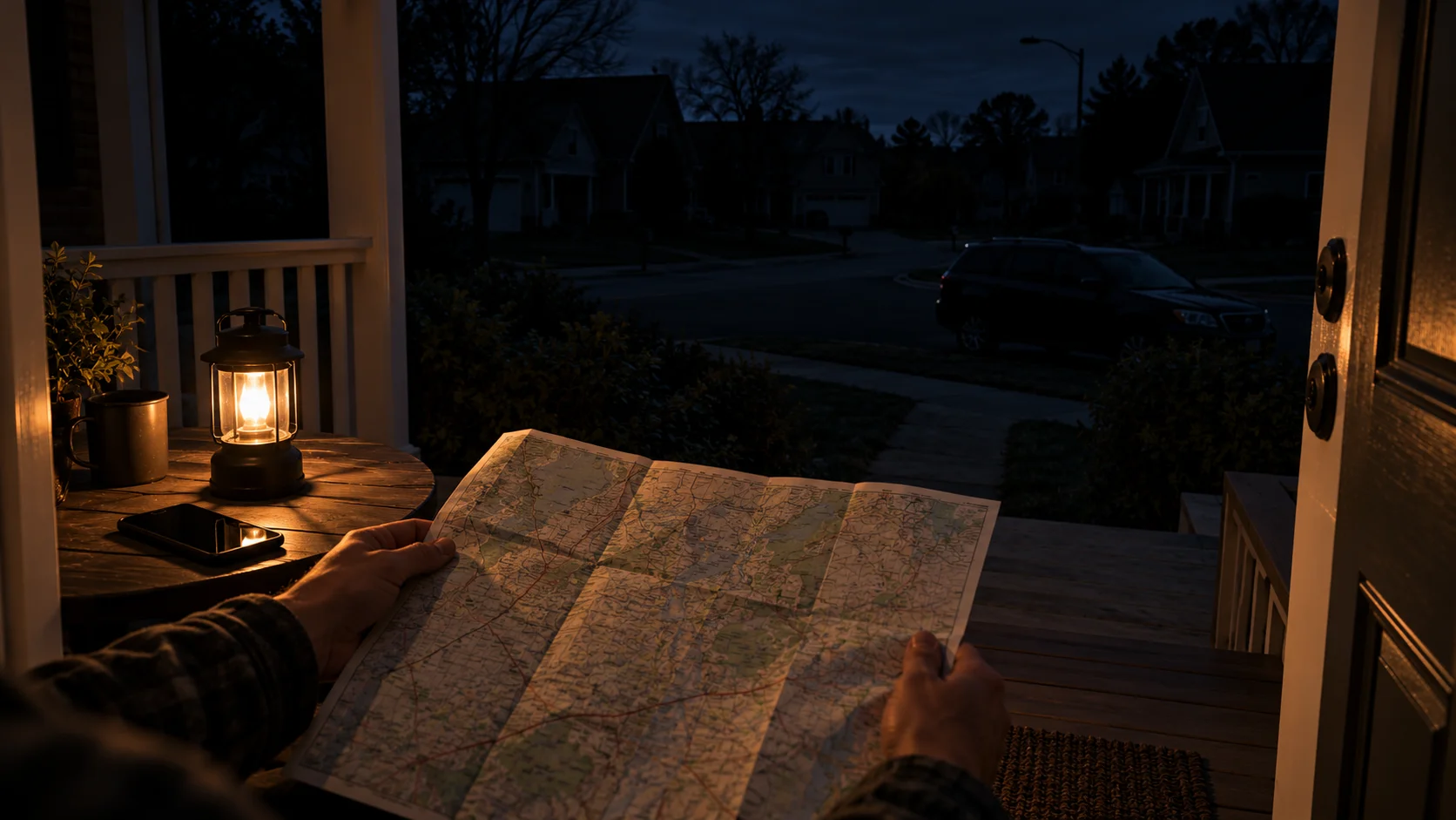 Illustration of a dark suburban street viewed from a porch, with a paper map, lantern, and unlit phone