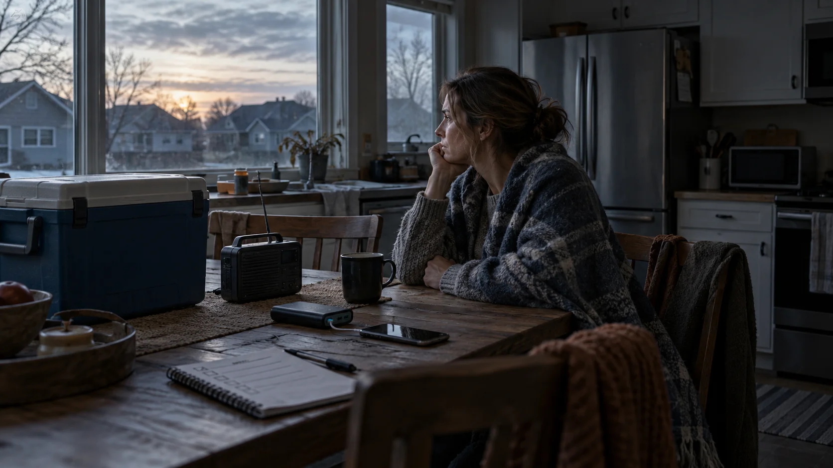 Illustration of a household during a prolonged outage, with a cooler, battery radio, phone, and paper checklist in cold morning light