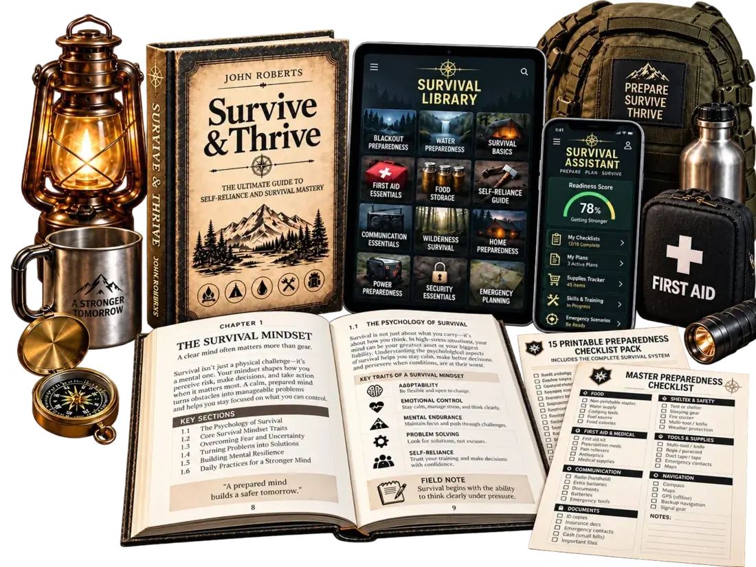 Complete Survival System digital bundle with core guide, library, app, and checklists